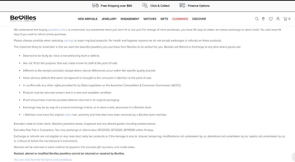 Bevilles returns policy