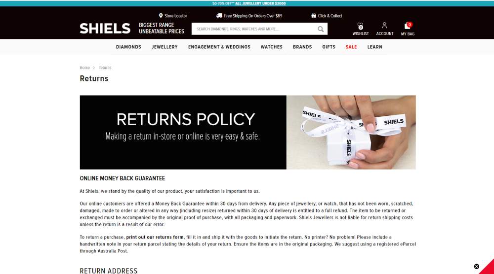 Shiels returns policy